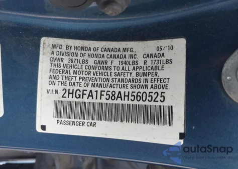 2010 Honda Civic Lx z USA, uszkodzony, nr VIN 2HGFA1F58AH560525